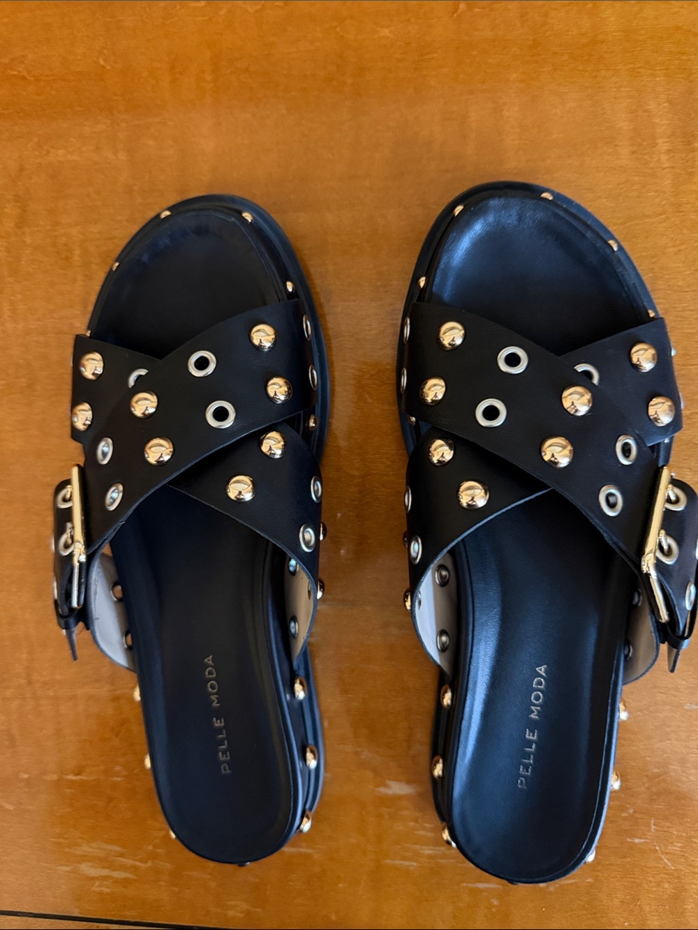 Pelle Moda Black Slide Sandals with Gold Studs and Eyelets